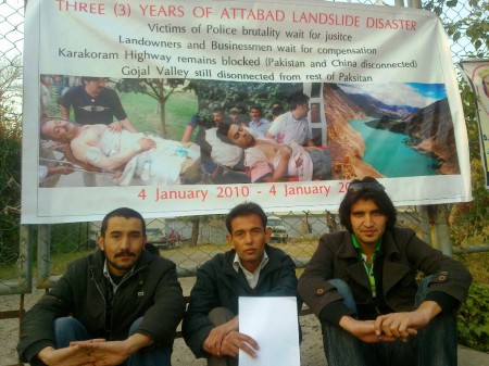Islamabad: Three activists from Gojal Valley demonstrating in front of National Press Club. PR