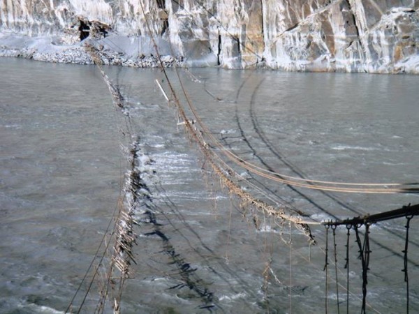 The damaged suspension bridge in Hussaini