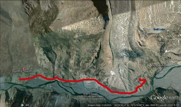 The red line shows approximate location of the KKH which was destroyed by the dammed Hunza River. Image Courtesy: Google Earth 