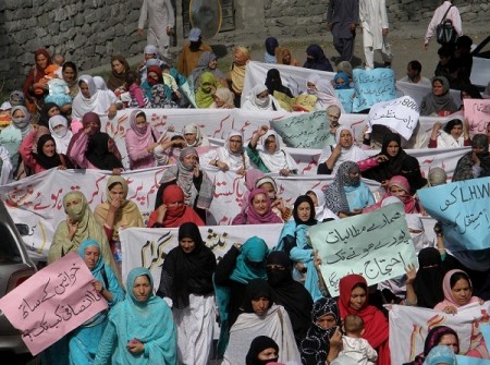 In Gilgit the women holding placards staged a sit-in for several hours. Photo: Mon Digital 