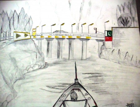 Naveed Tashi, a young artist depicts a bridge that will be constructed by a Chinese company to connect Gulmit and Shishkat. 