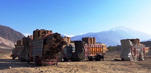 Dozens of trucks have been standing along the KKH for almost three months. Photo; M. H Gohar 