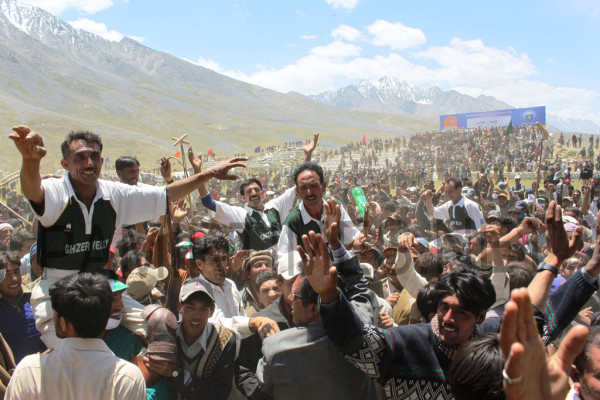 Ghizar polo team celebrating after their victory against Team Laspur at Shandur in 2011. PT File Phone 
