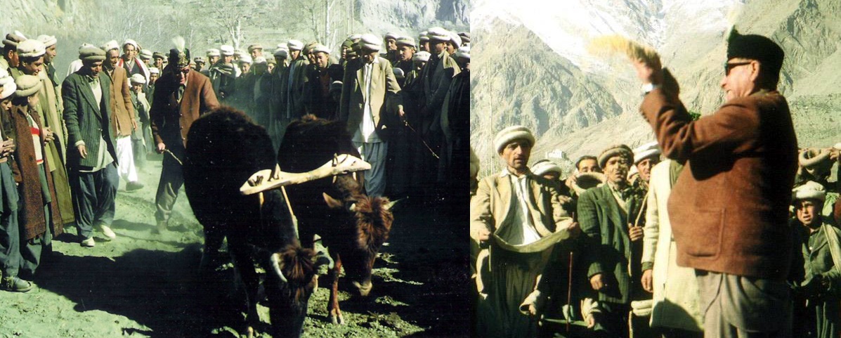 Historical photograph of the last Mir of Hunza, Mir Muhammad Jamal Khan, celebrating the Bofao festival in the late 60s. 