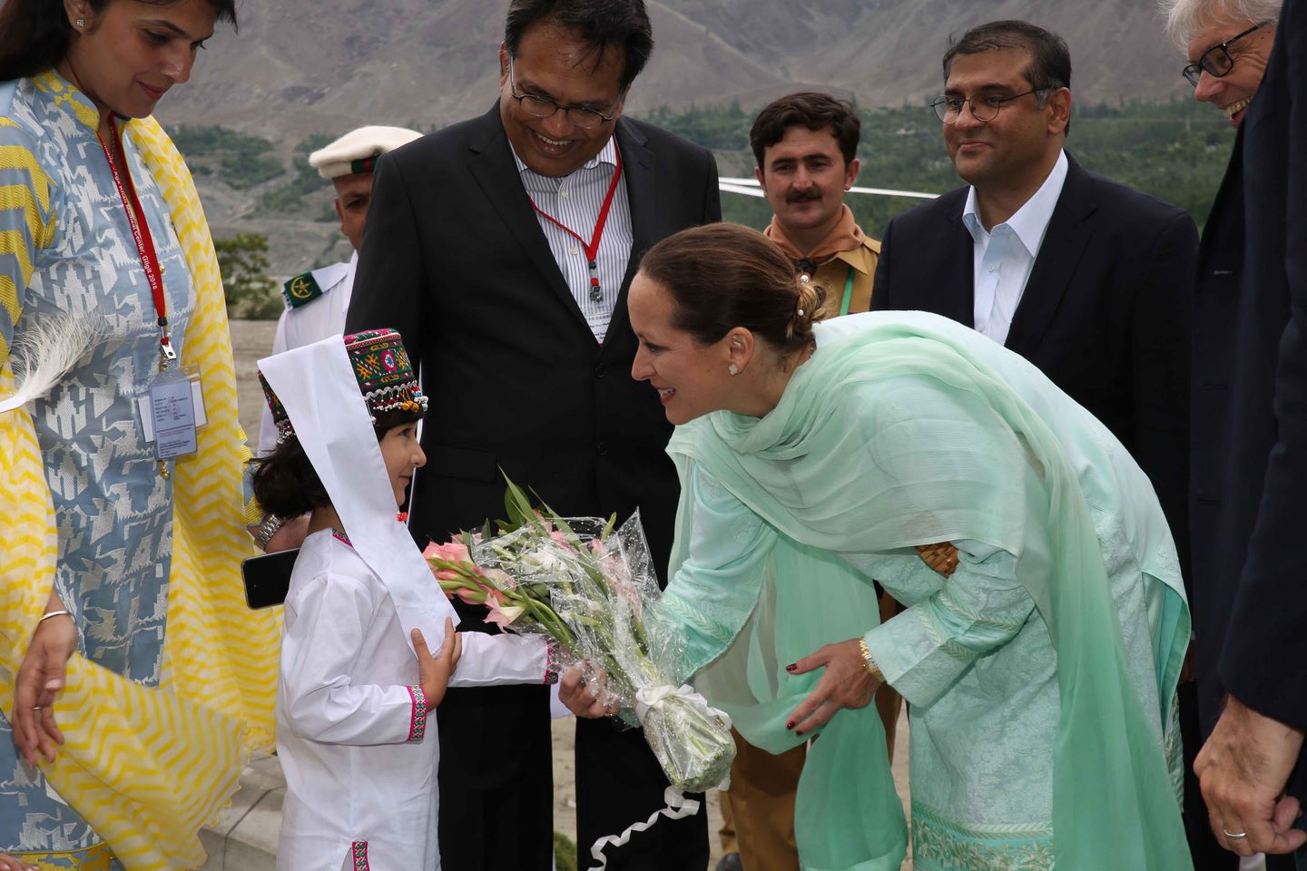 Princess Zahra Aga Khan receiving a bouquet at the inauguration of the Aga Khan Medical Centre Gilgit